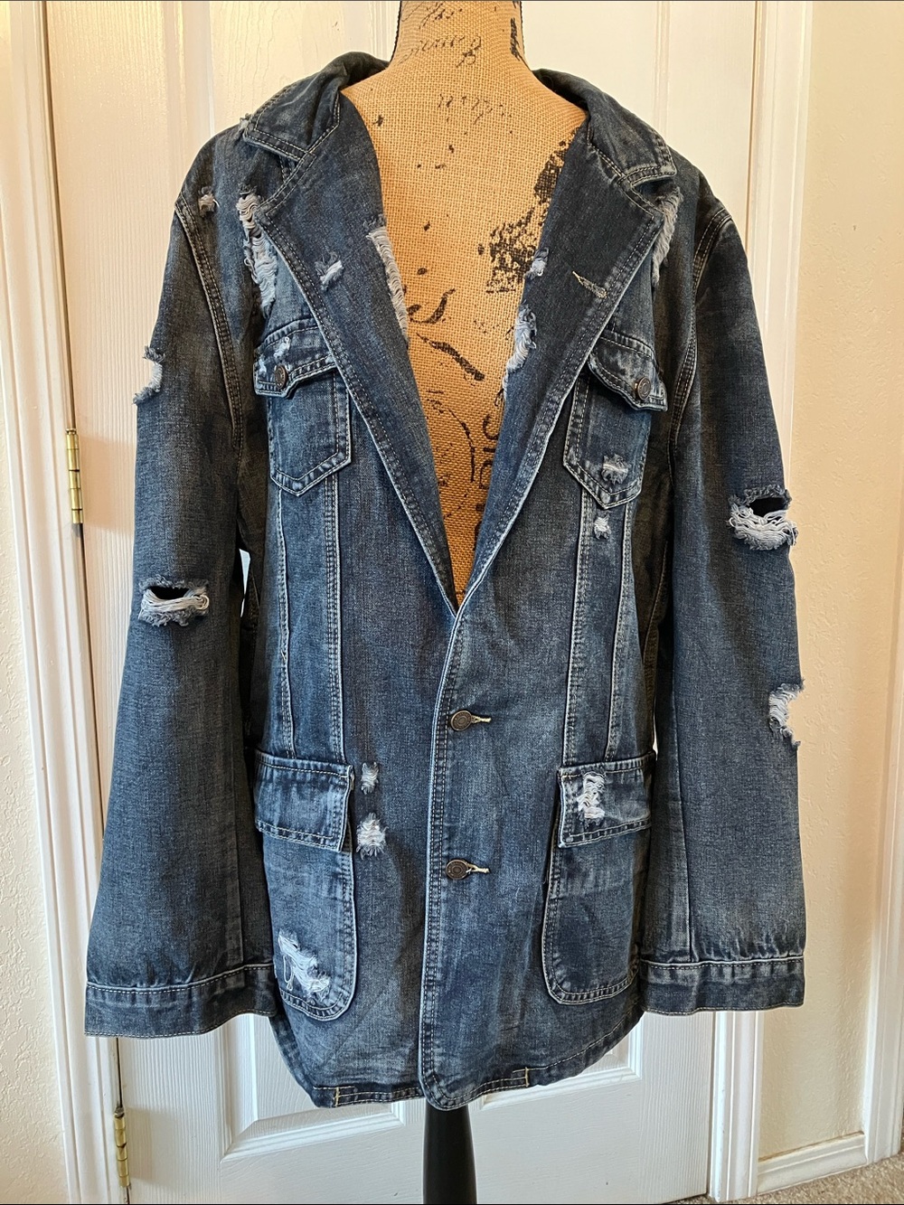 Giovanco Men’s Classic Blue Jean Distressed Blazer 2 button cargo Jacket XL